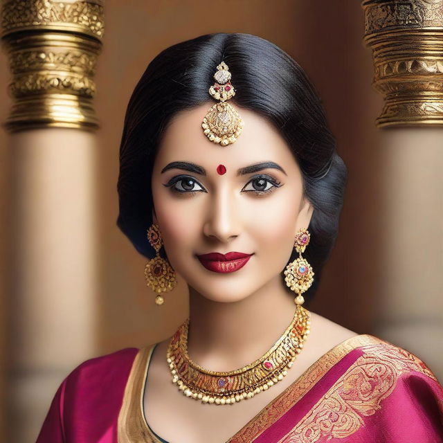 A beautiful Indian woman with traditional attire, featuring intricate jewelry and a vibrant sari