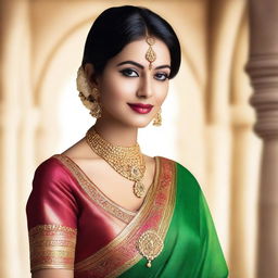 A beautiful Indian woman with traditional attire, featuring intricate jewelry and a vibrant sari