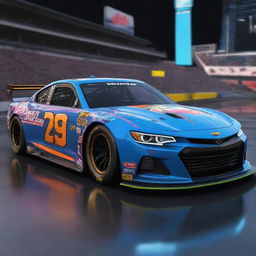 NASCAR race cars reimagined in electropunk style, integrating futuristic digital displays, vibrant neon accents, high-powered electric engines, and bolted steel exterior illuminated with electric arcs