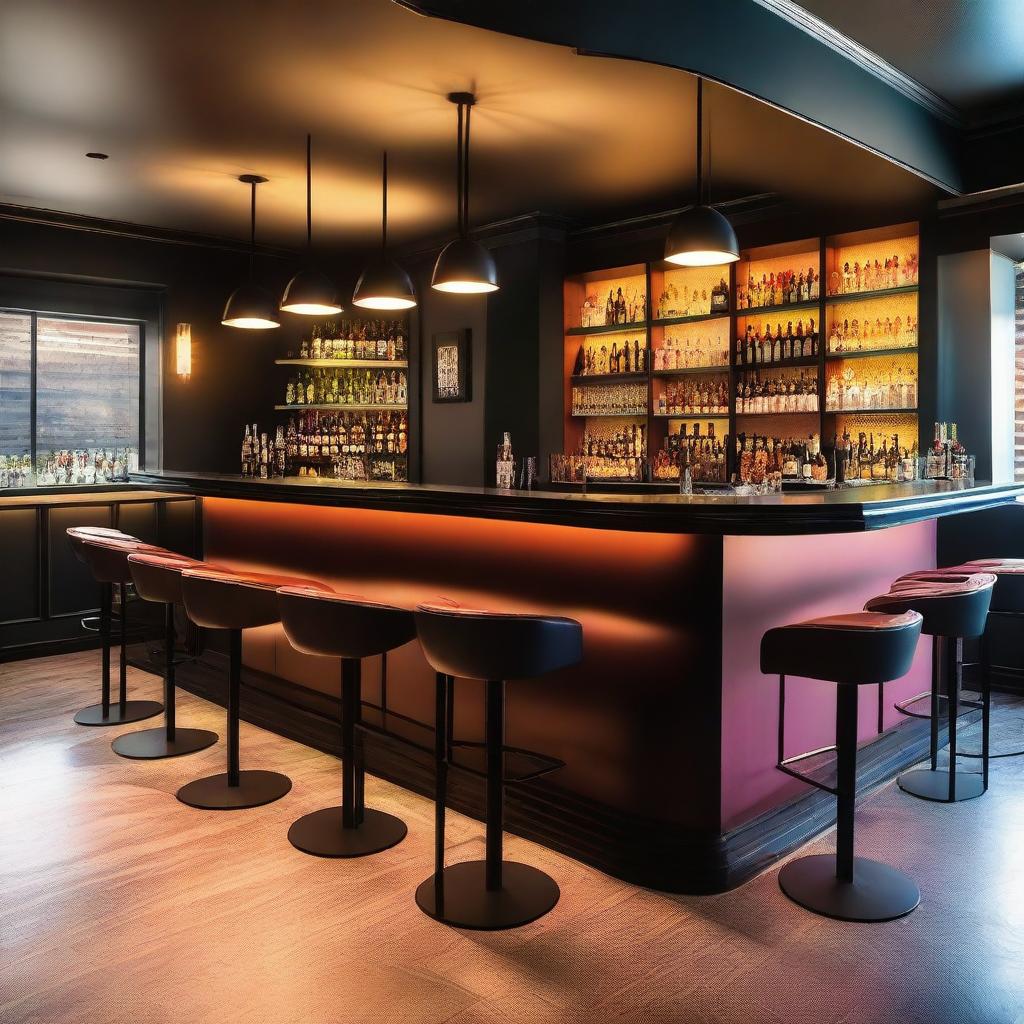 A stylish and modern interior design of a bar with a focus on a vibrant and inviting atmosphere