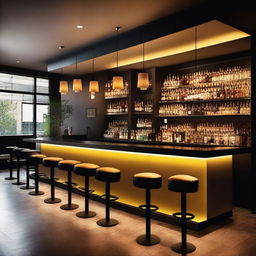 A stylish and modern interior design of a bar with a focus on a vibrant and inviting atmosphere