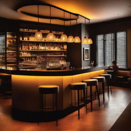 A stylish and modern interior design of a bar with a focus on a vibrant and inviting atmosphere