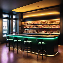 A stylish and modern interior design of a bar with a focus on a vibrant and inviting atmosphere