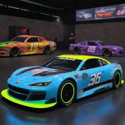 NASCAR race cars reimagined in electropunk style, integrating futuristic digital displays, vibrant neon accents, high-powered electric engines, and bolted steel exterior illuminated with electric arcs