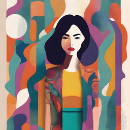 Create an image of a character inspired by a woman standing in front of an abstract wall, designed as a book cover similar to 'The American Roommate Experiment