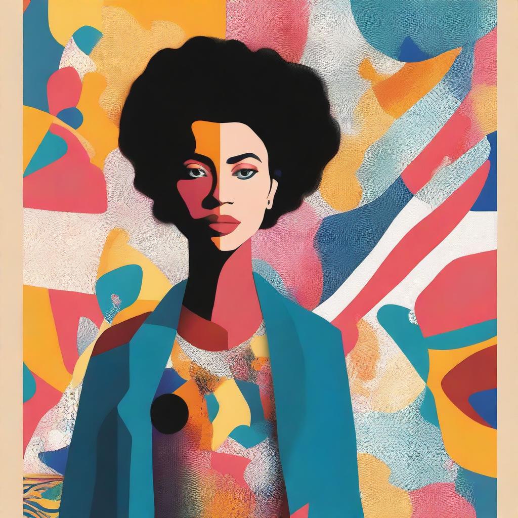 Create an image of a character inspired by a woman standing in front of an abstract wall, designed as a book cover similar to 'The American Roommate Experiment