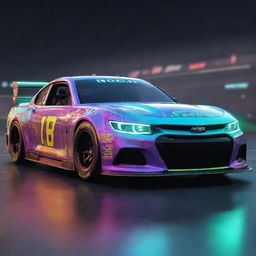 NASCAR race cars reimagined in electropunk style, integrating futuristic digital displays, vibrant neon accents, high-powered electric engines, and bolted steel exterior illuminated with electric arcs