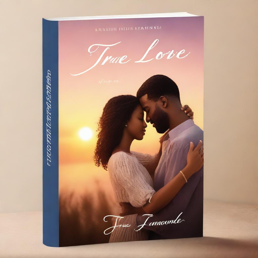 A romantic book cover featuring a couple in a loving embrace, with a beautiful sunset in the background