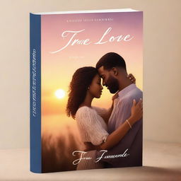 A romantic book cover featuring a couple in a loving embrace, with a beautiful sunset in the background