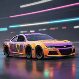 NASCAR race cars reimagined in electropunk style, integrating futuristic digital displays, vibrant neon accents, high-powered electric engines, and bolted steel exterior illuminated with electric arcs