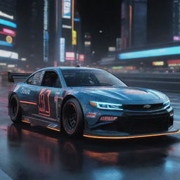 NASCAR racing cars envisioned in a cyberpunk style, showcasing neon-lit outlines, high-tech digital interfaces, advanced holographic displays, engine powered by futuristic energy sources, all enveloped in a dark, dystopian aesthetic