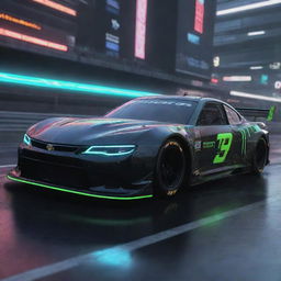 NASCAR racing cars envisioned in a cyberpunk style, showcasing neon-lit outlines, high-tech digital interfaces, advanced holographic displays, engine powered by futuristic energy sources, all enveloped in a dark, dystopian aesthetic