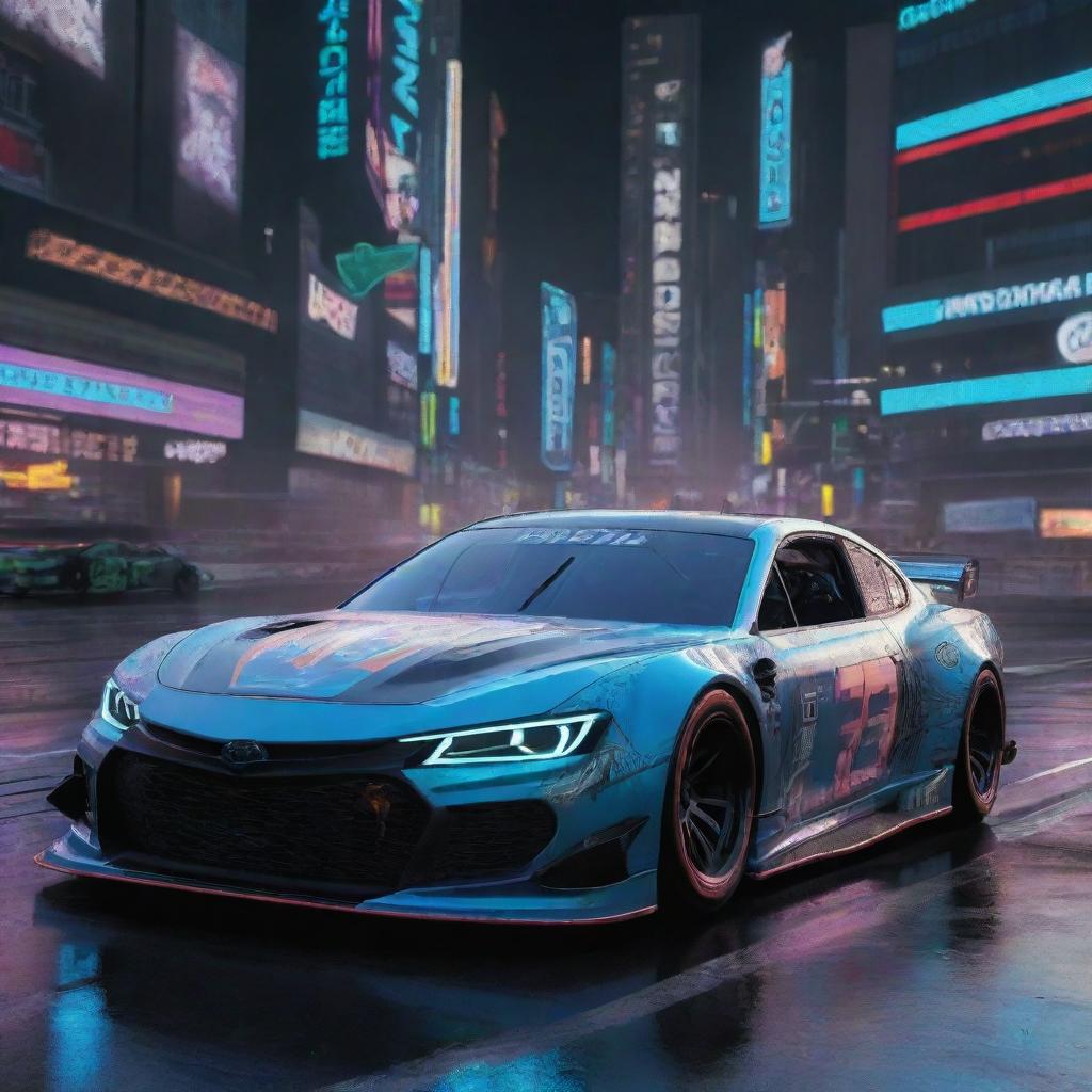 NASCAR racing cars envisioned in a cyberpunk style, showcasing neon-lit outlines, high-tech digital interfaces, advanced holographic displays, engine powered by futuristic energy sources, all enveloped in a dark, dystopian aesthetic