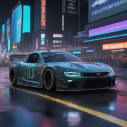 NASCAR racing cars envisioned in a cyberpunk style, showcasing neon-lit outlines, high-tech digital interfaces, advanced holographic displays, engine powered by futuristic energy sources, all enveloped in a dark, dystopian aesthetic