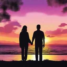 Create an image of a romantic couple enjoying a beautiful sunset