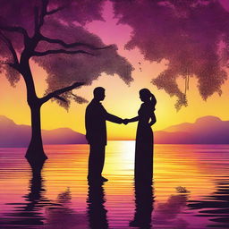 Create an image of a romantic couple enjoying a beautiful sunset