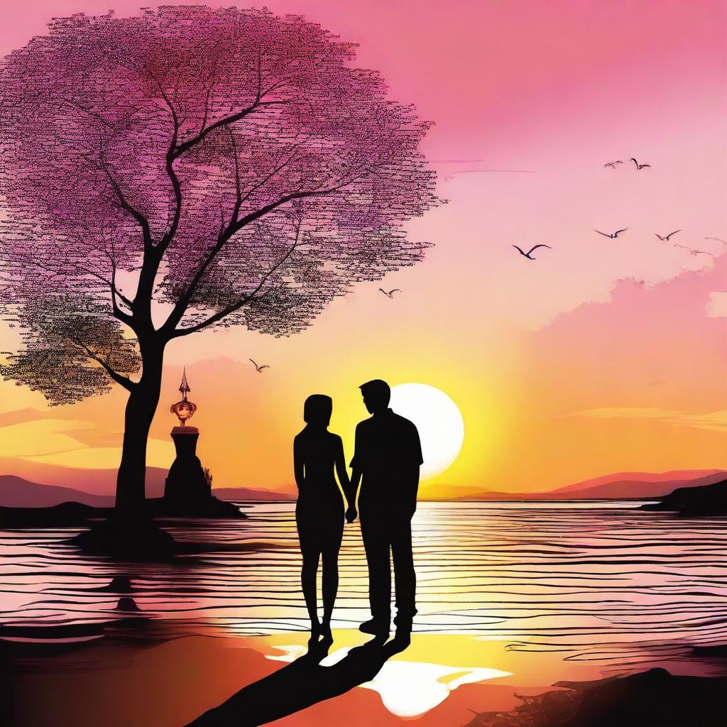 Create an image of a romantic couple enjoying a beautiful sunset