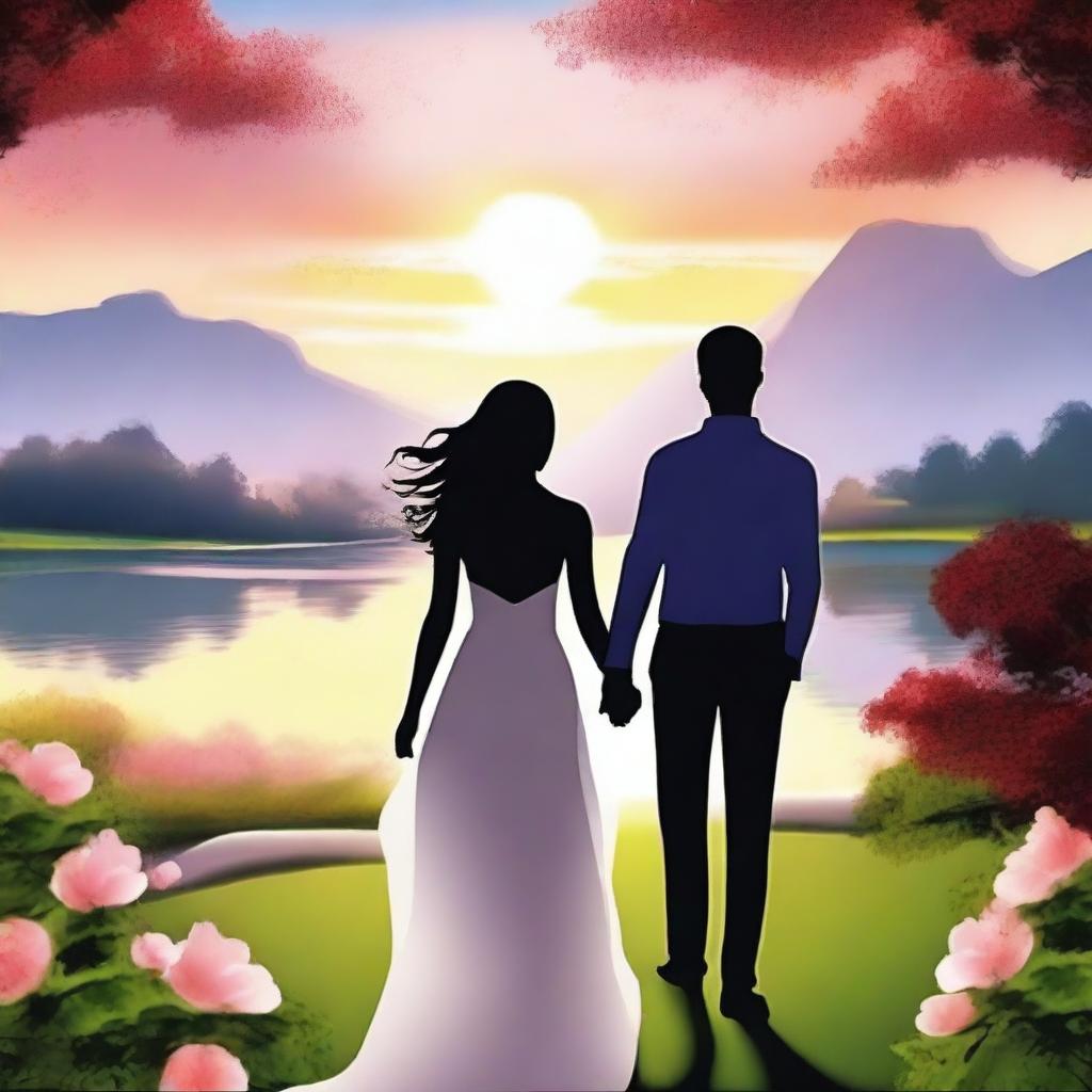 Create an image of a romantic couple with a beautiful background