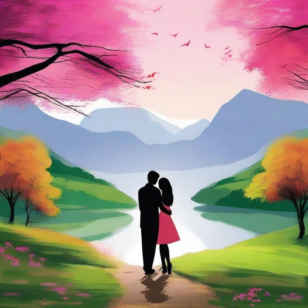 Create an image of a romantic couple with a beautiful background