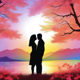 Create an image of a romantic couple with a beautiful background