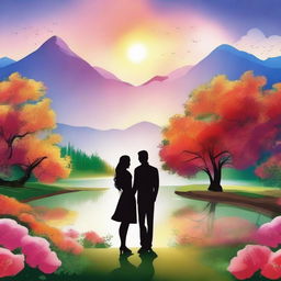 Create an image of a romantic couple with a beautiful background