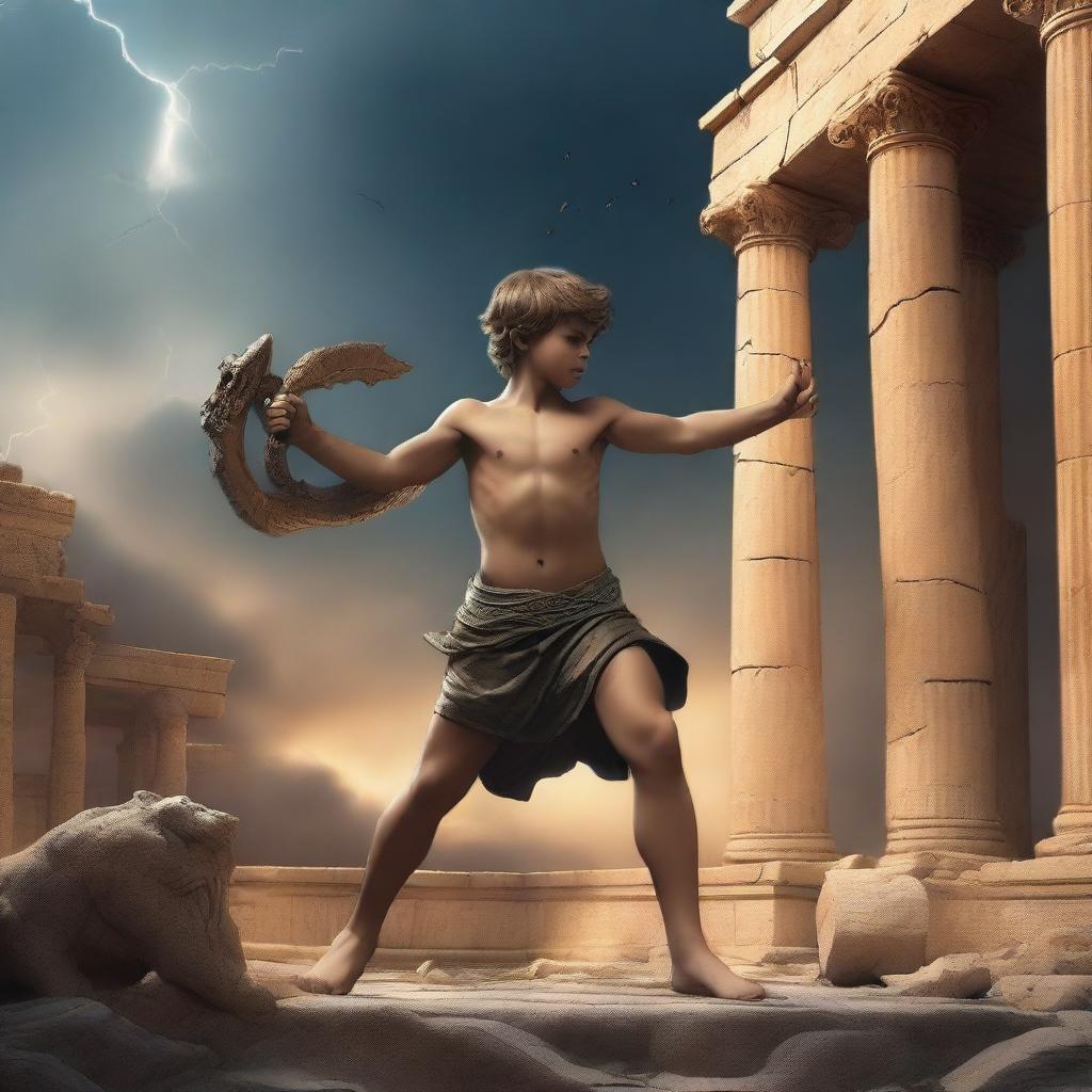 Create an image of a young boy in the ruins of a Greek god temple, fighting Typhon, the god of monsters