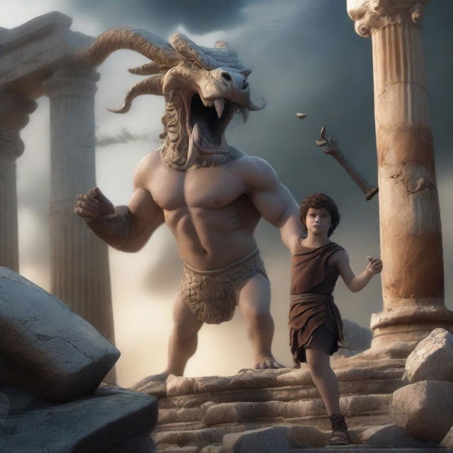 Create an image of a young boy in the ruins of a Greek god temple, fighting Typhon, the god of monsters