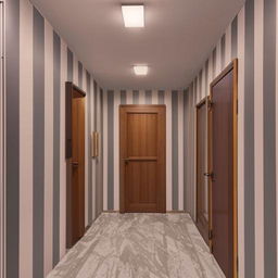 A rectangular hallway with grey marble tiles, a matching rectangular fall ceiling, fuscous grey colored walls. Features include a wooden window and door with elegant curtains, two light fans, a wall frame and clock, a corner lamp, and a matching TV unit and door wall.