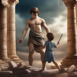 Create an image of a young boy in the ruins of a Greek god temple, fighting Typhon, the god of monsters