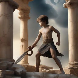 Create an image of a young boy in the ruins of a Greek god temple, fighting Typhon, the god of monsters