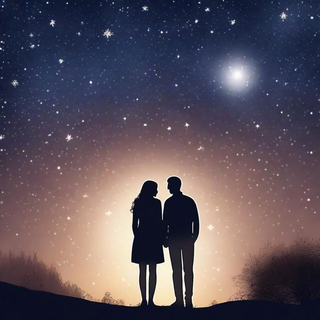 Create an image of a romantic couple with a simple but unique starry background