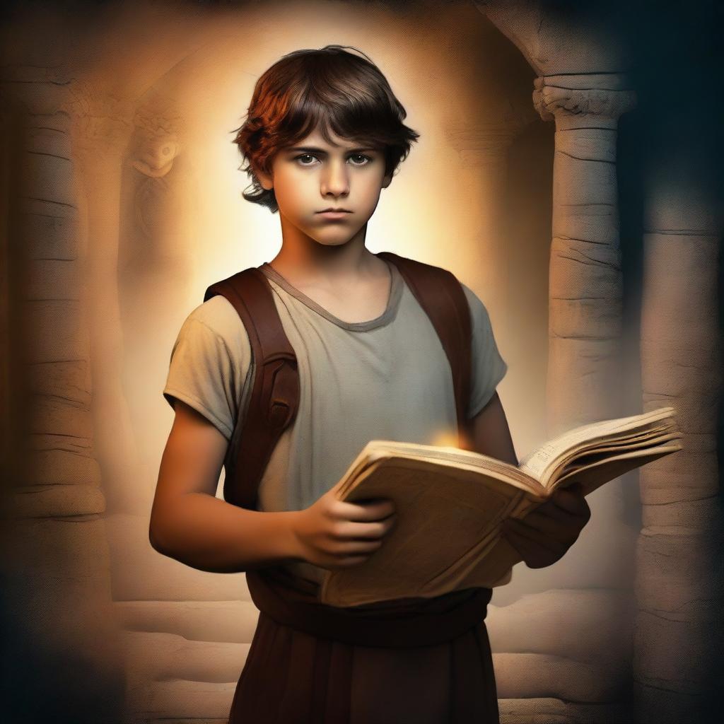 Create an image of a young teenage boy ready for an adventure to the Underworld in Greek mythology