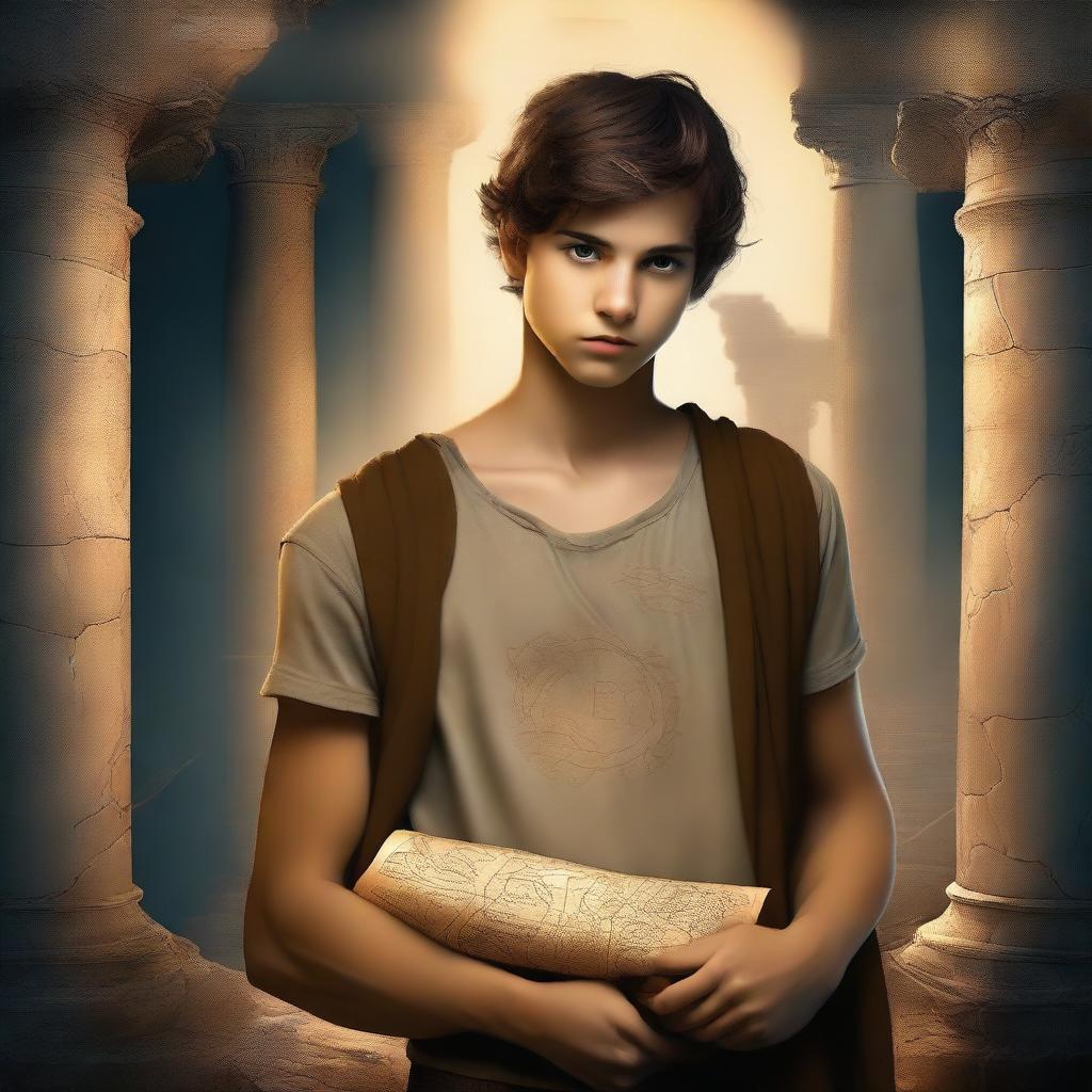 Create an image of a young teenage boy ready for an adventure to the Underworld in Greek mythology