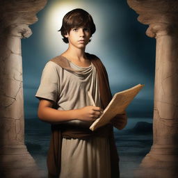 Create an image of a young teenage boy ready for an adventure to the Underworld in Greek mythology