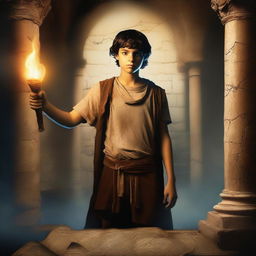 Create an image of a young teenage boy ready for an adventure to the Underworld in Greek mythology