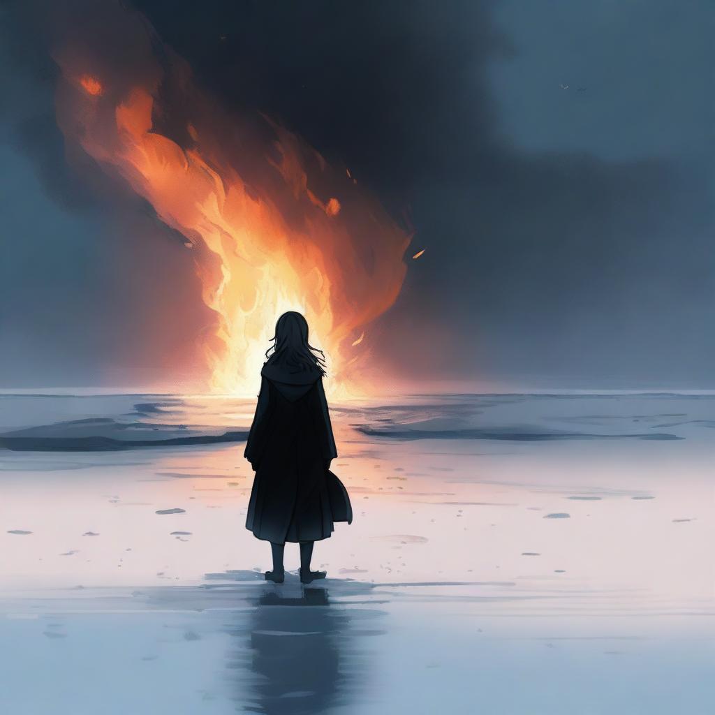 A person dressed in black stands opposite a frozen sea, gazing at the horizon