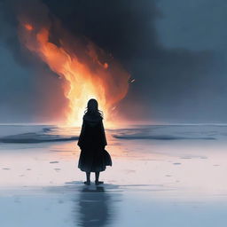 A person dressed in black stands opposite a frozen sea, gazing at the horizon