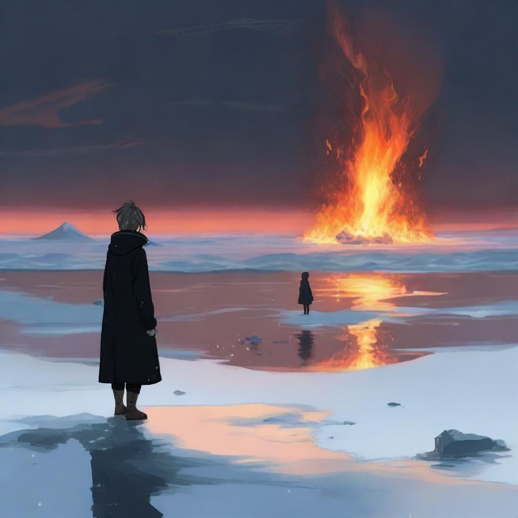 A person dressed in black stands opposite a frozen sea, gazing at the horizon