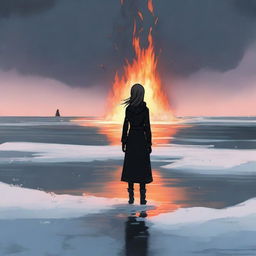 A person dressed in black stands opposite a frozen sea, gazing at the horizon