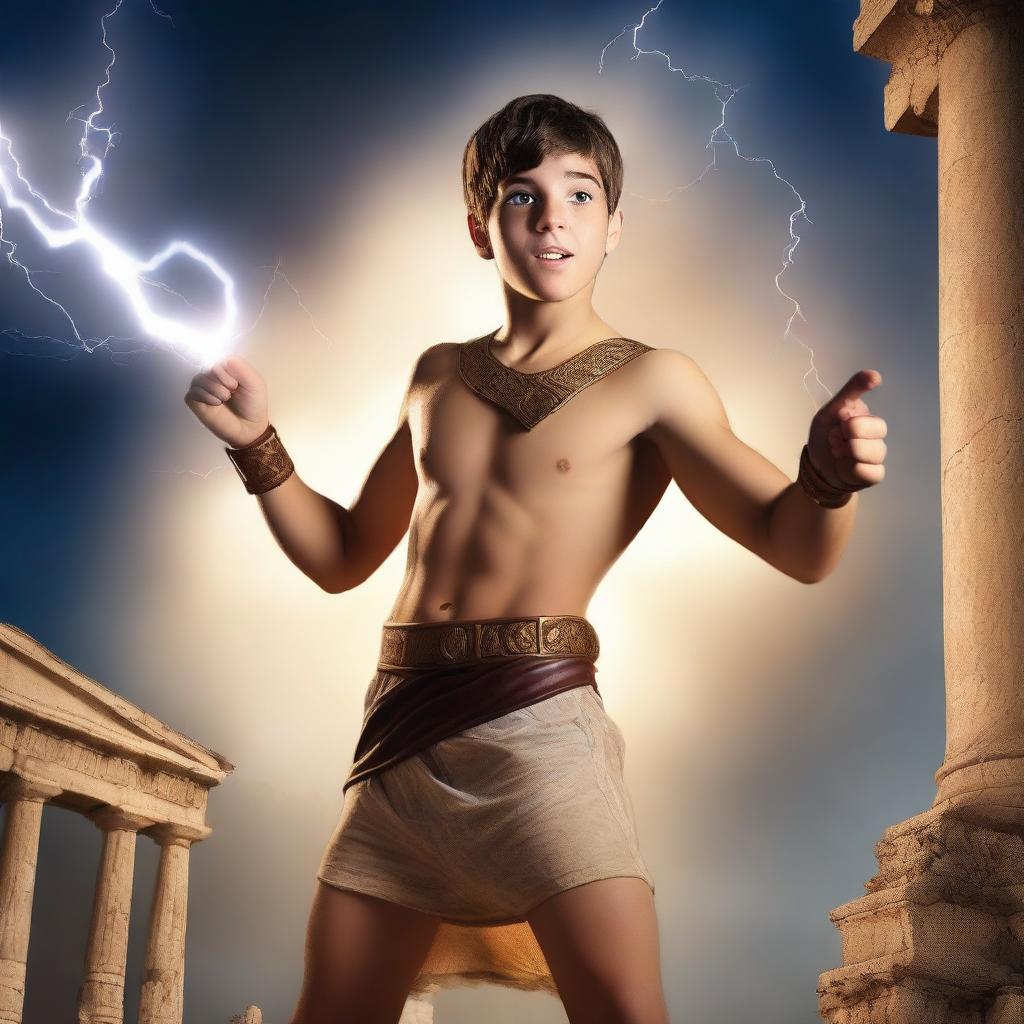 Create an image of a young teenage boy ready for an adventure into Greek mythology