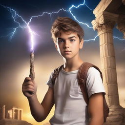 Create an image of a young teenage boy ready for an adventure into Greek mythology