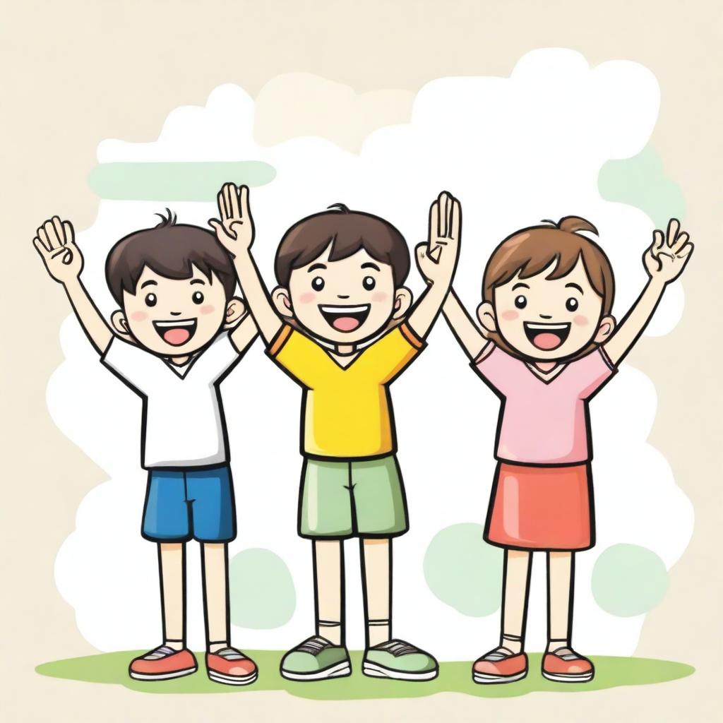 A scene depicting two boys and one girl, each raising their left hand