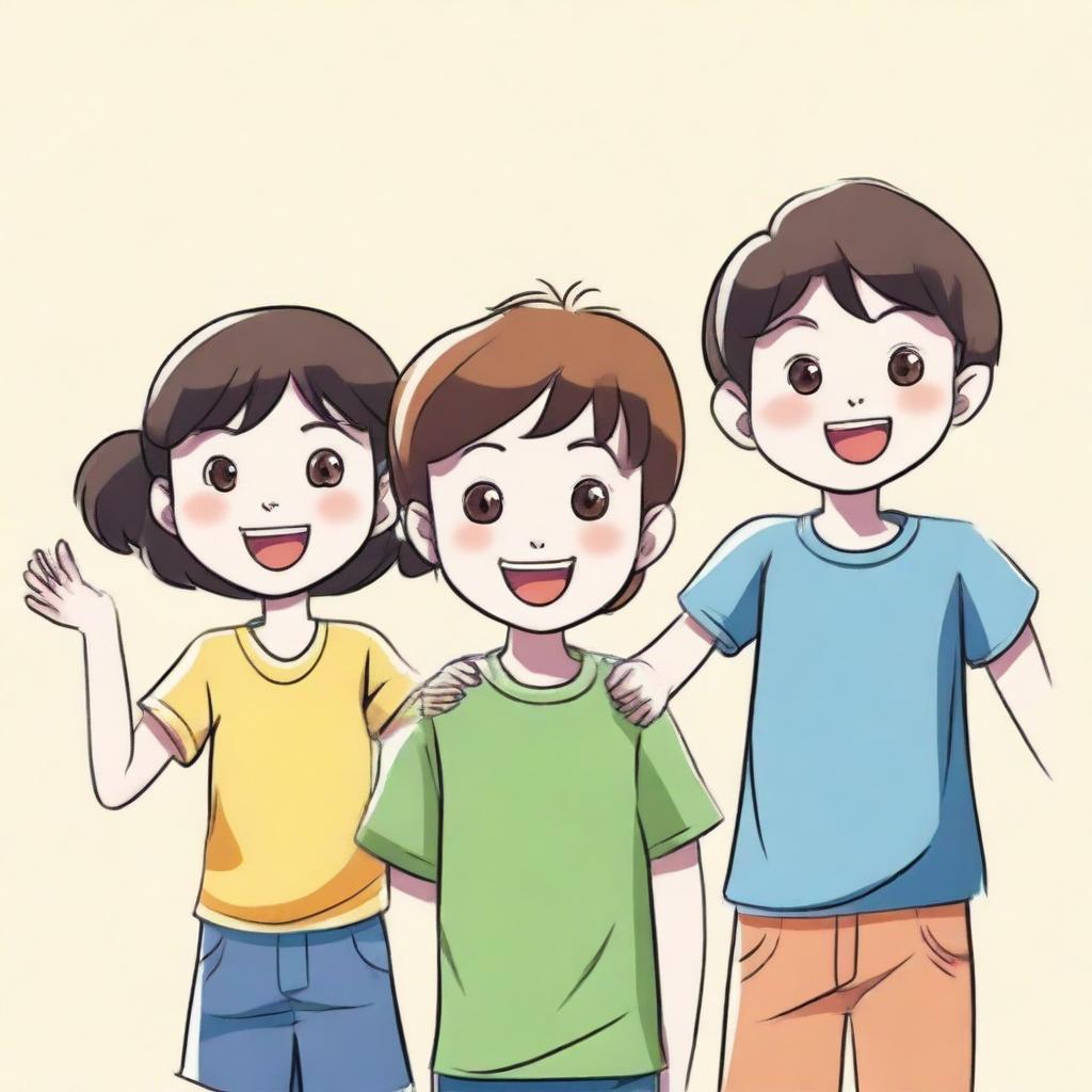 A scene depicting two boys and one girl, each raising their left hand