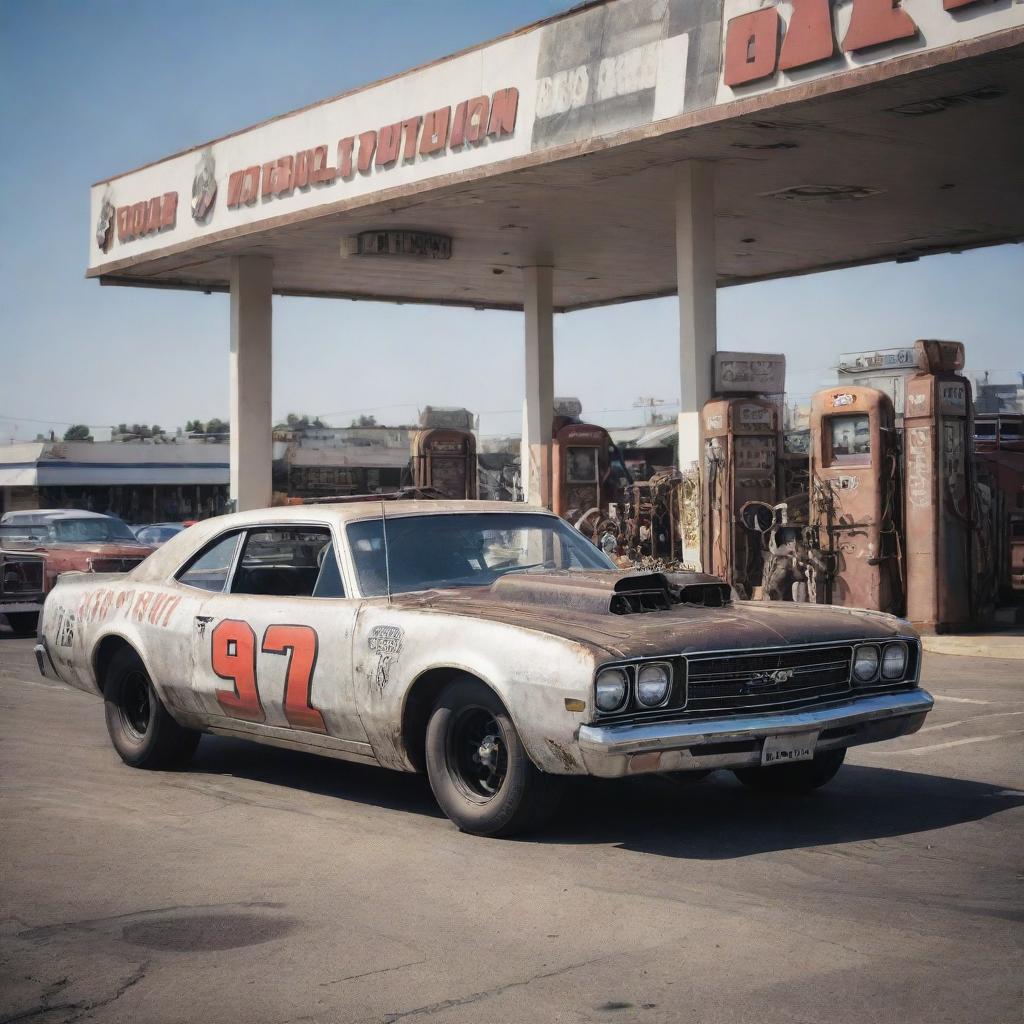 NASCAR racing cars designed in gaspunk fashion, with large gas-consuming engines, vintage gas station aesthetics, long exhaust pipes with smoky effects, and a rough industrial feel