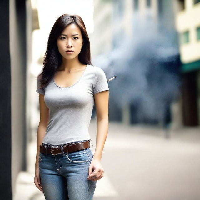 A young beautiful Asian female standing with her hands on her hips, blowing smoke while smoking a cigarette