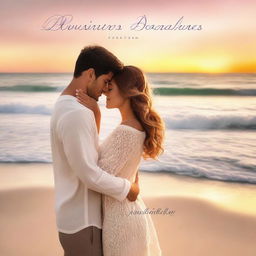 A romantic book cover featuring a couple in an intimate embrace, set against a picturesque sunset on a beach