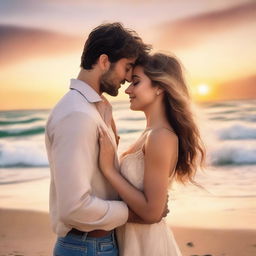 A romantic book cover featuring a couple in an intimate embrace, set against a picturesque sunset on a beach