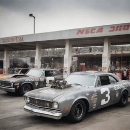 NASCAR racing cars designed in gaspunk fashion, with large gas-consuming engines, vintage gas station aesthetics, long exhaust pipes with smoky effects, and a rough industrial feel