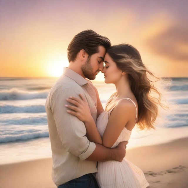 A romantic book cover featuring a couple in an intimate embrace, set against a picturesque sunset on a beach