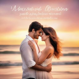 A romantic book cover featuring a couple in an intimate embrace, set against a picturesque sunset on a beach